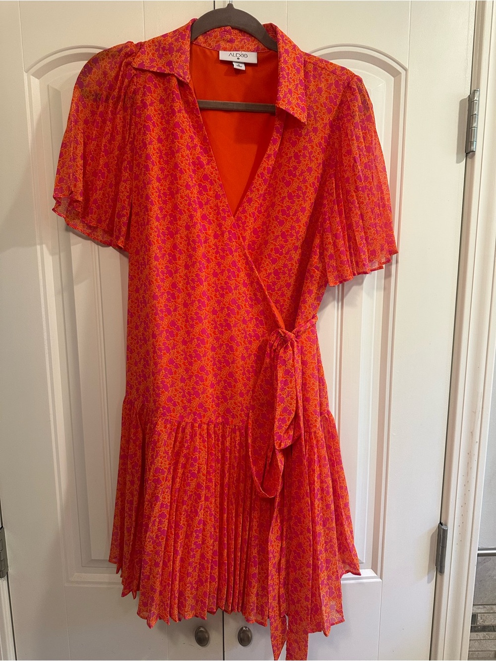 Alexis Orange Tie-Front Pleated Short-Sleeve Dress
